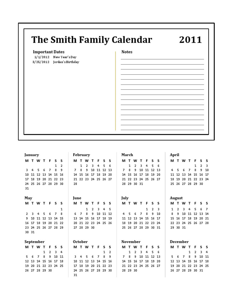 The Smith Family Calendar 2011: Important Dates Notes | PDF