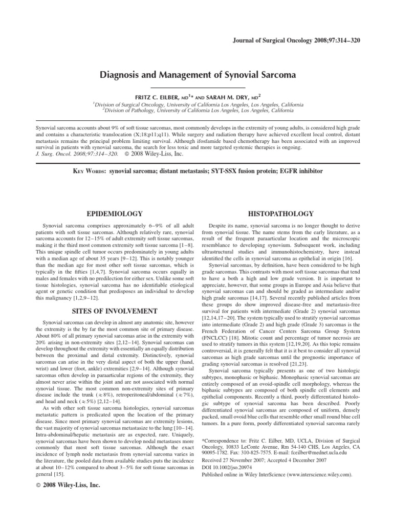 Diagnosis and Management of Synovial Sarcoma | PDF | Metastasis ...