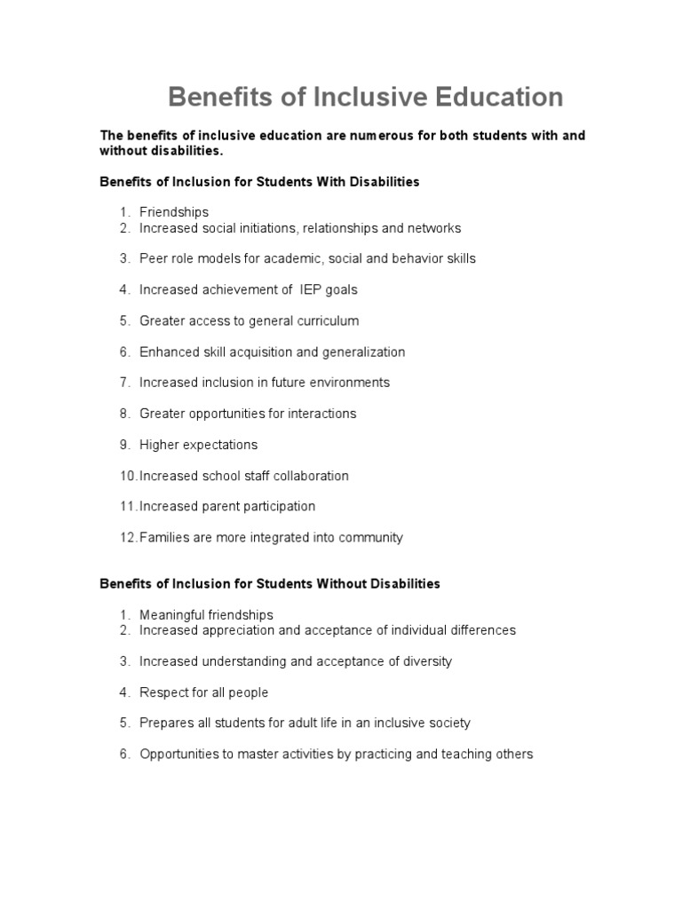 Benefits of Inclusive Education | PDF | Inclusion (Education) | Special ...