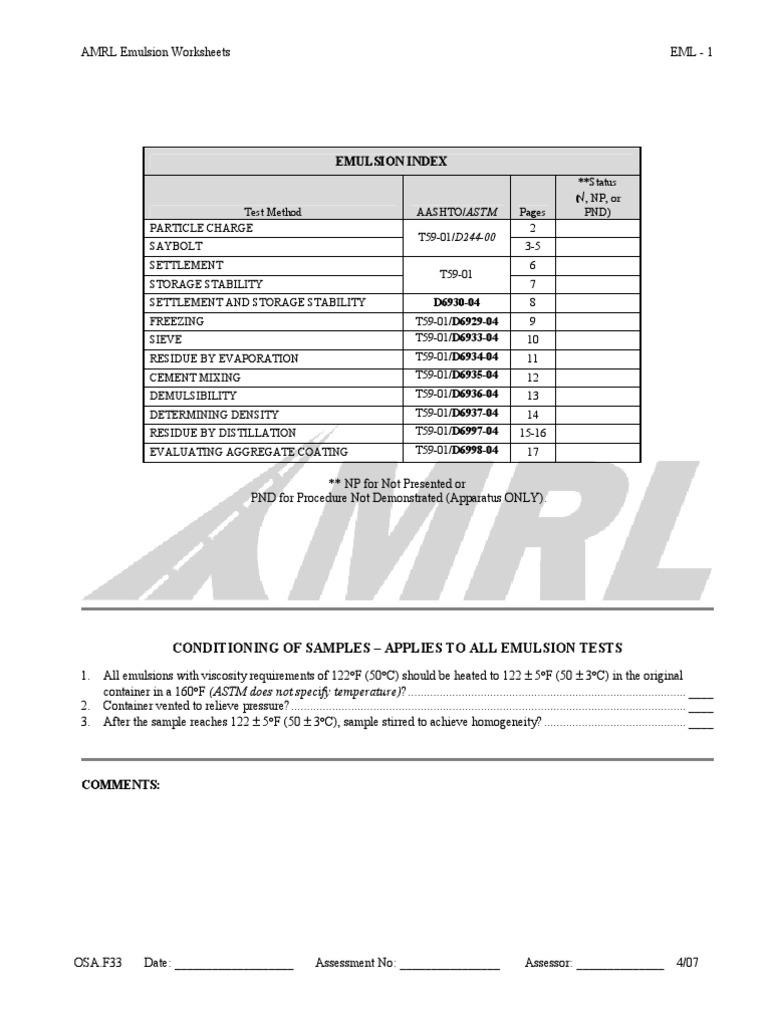 AMRL Emulsion Testing Guidelines | PDF | Physical Chemistry | Materials