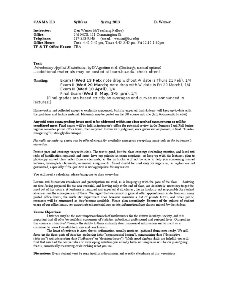 CAS MA 113 Syllabus Spring 2013 | PDF | Statistics | Teaching Mathematics