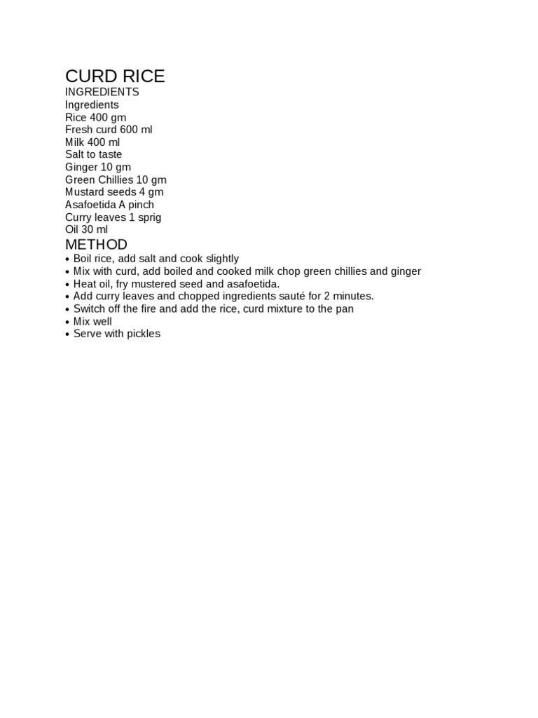 Curd Rice | PDF | Cooking, Food & Wine