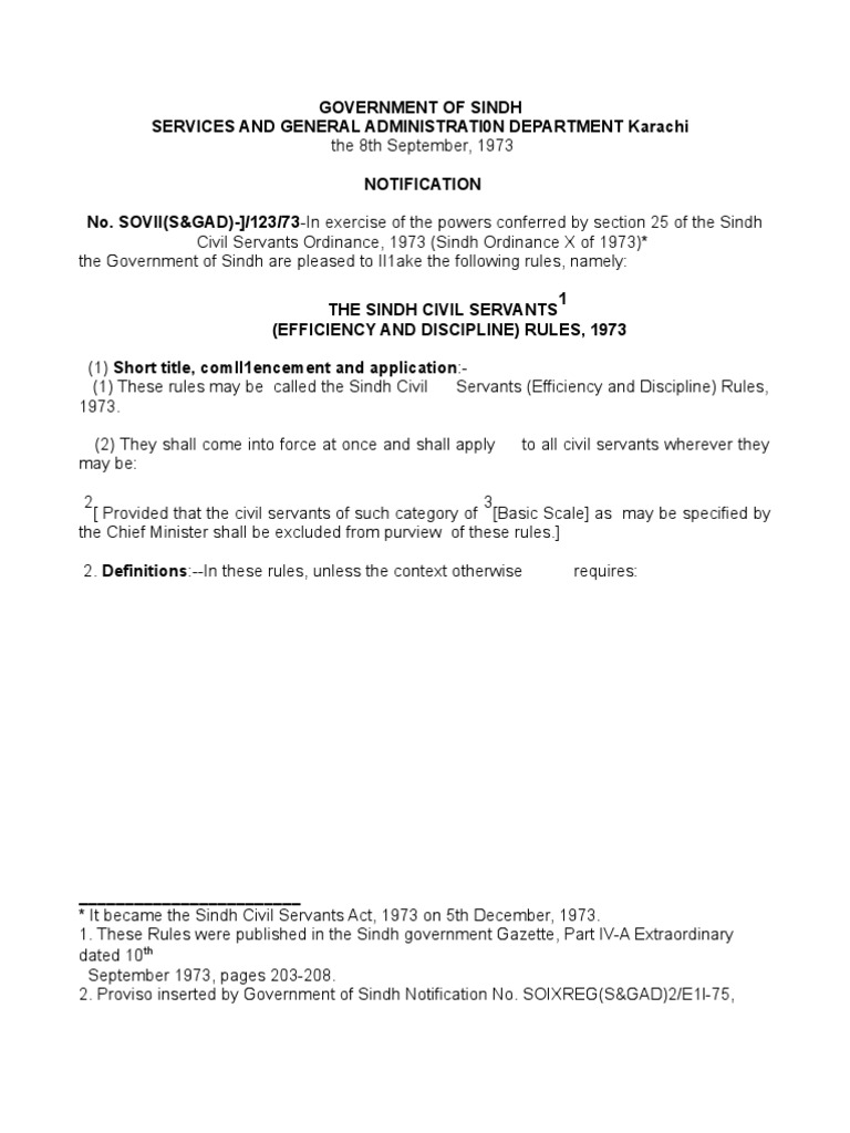 Sindh Civil Servants (Efficiency and Discipline) Rules, 1973 PDF
