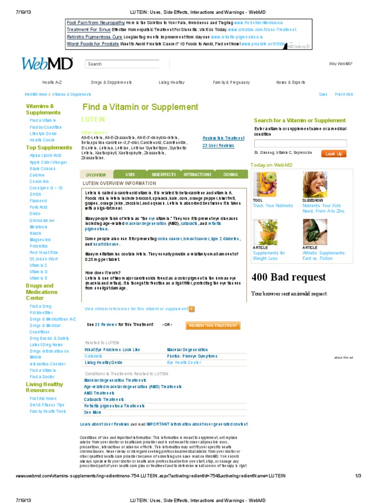 LUTEIN - Uses, Side Effects, Interactions and Warnings - WebMD | PDF ...