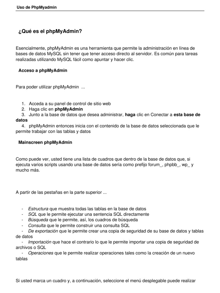 Guía para usar PhpMyAdmin | PDF | Apoyo | SQL