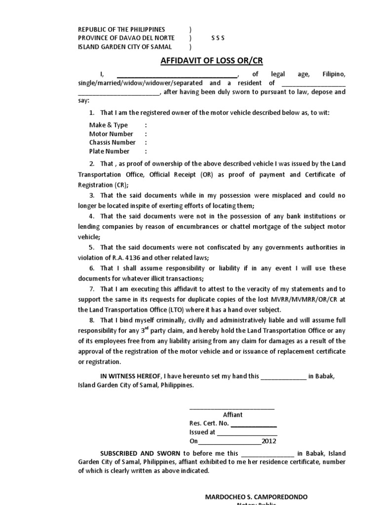 LTO Affidavit of Loss Template | PDF | Law