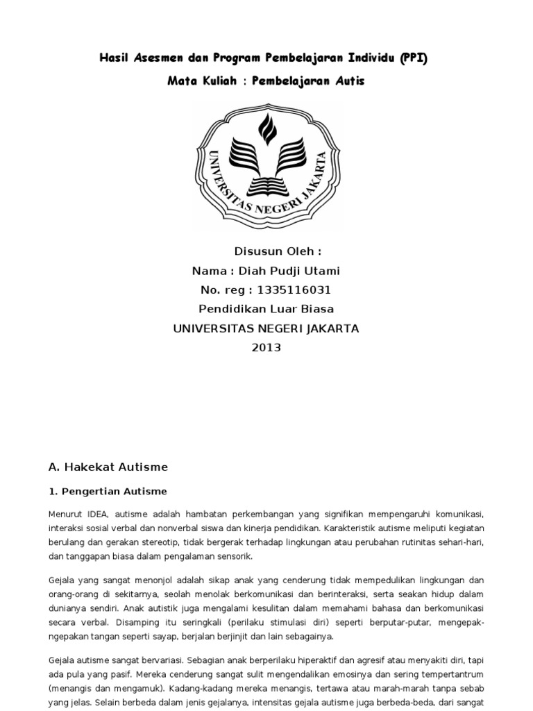 Hasil Asesmen Dan Program Pembelajaran Individu AUTISME