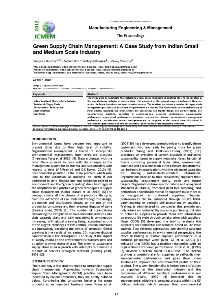 Green Supply Chain - India Case Study | PDF | Supply Chain | Supply ...
