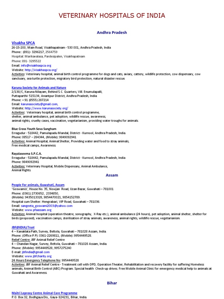 List of Veterinary Hospitals in India PDF Veterinary Medicine