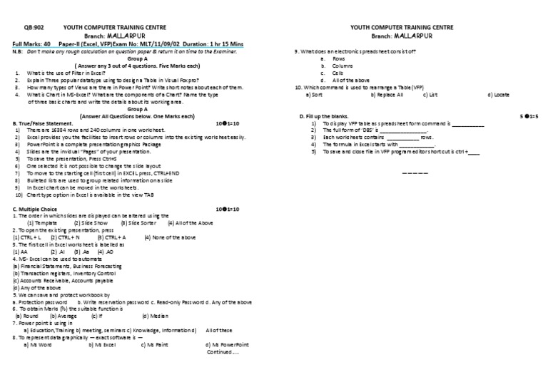 Visual Foxpro Excel Question paper | Spreadsheet | Worksheet | Free 30 ...