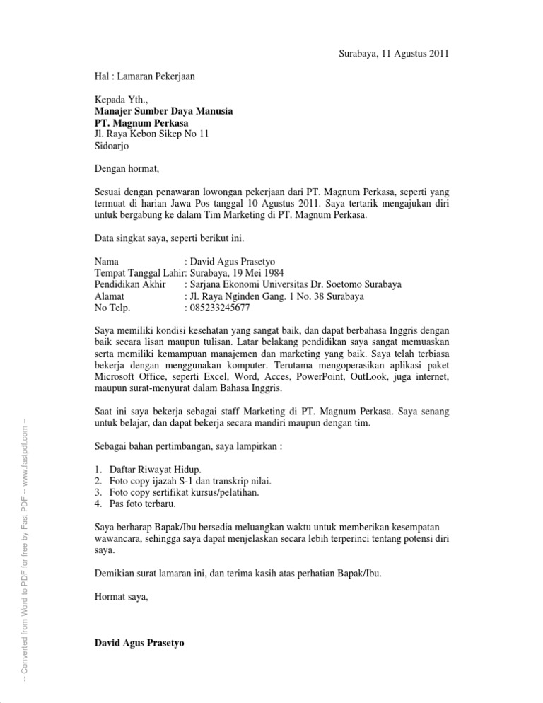 Contoh Surat Lamaran Kerja Yang Baik Dan Benar Pdf Pdf