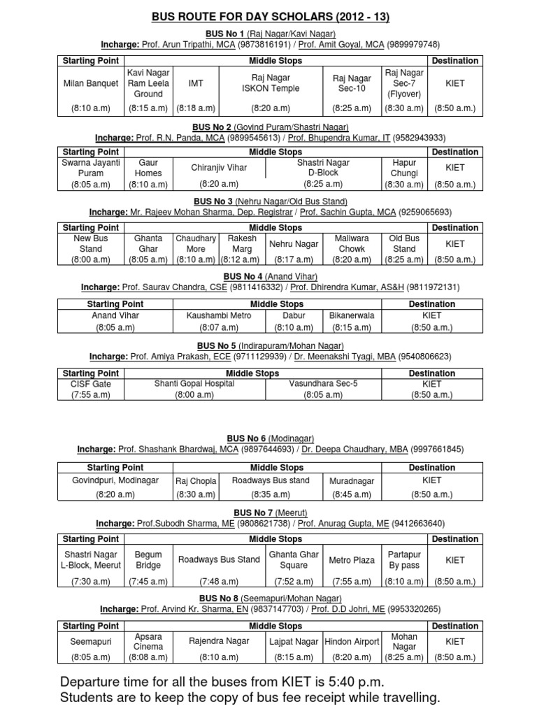 KIET Bus Routes and Timings 2012-13 | PDF