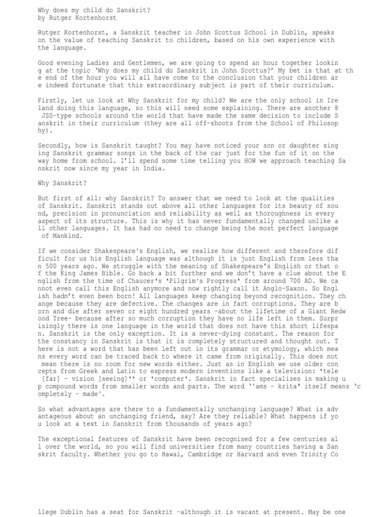 Why Does My Child Do Need Sanskrit Sanskrit English Language