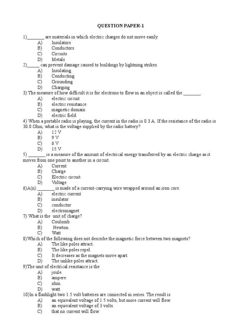 MCQ On Electricity and PDF Electric Current Volt