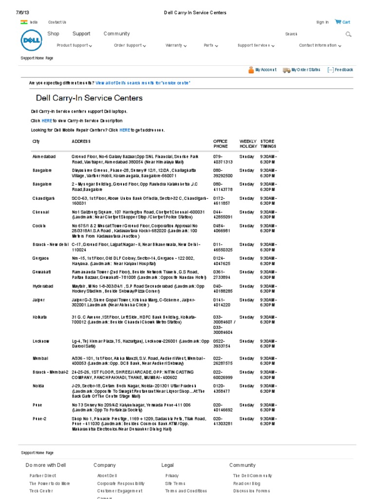 Dell CarryIn Service Centers Intel Dell