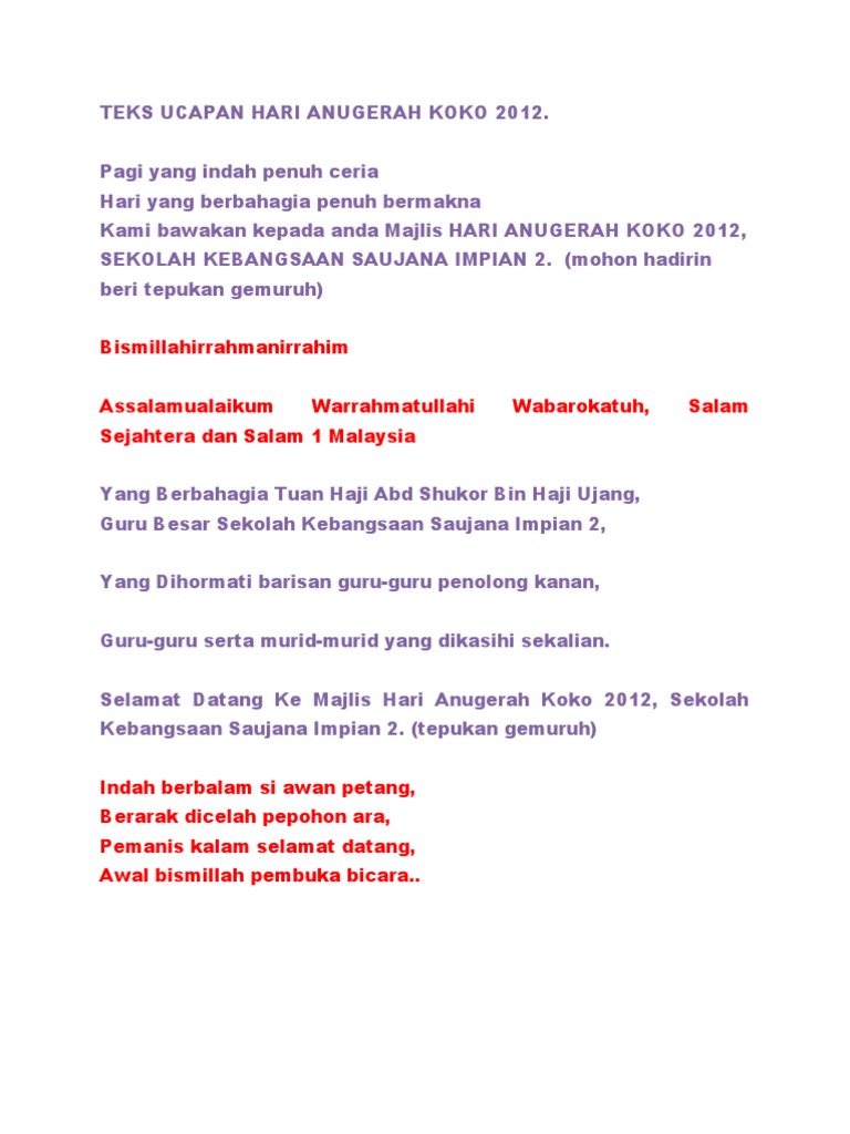 Teks Ucapan Perasmian Hari Anugerah Koko 2012 | PDF