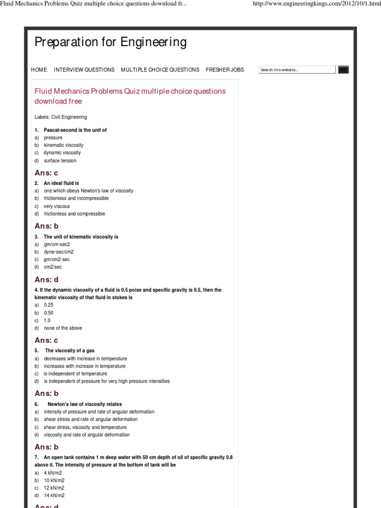 Fluid Mechanics Problems Quiz Multiple Choice Questions Download Free