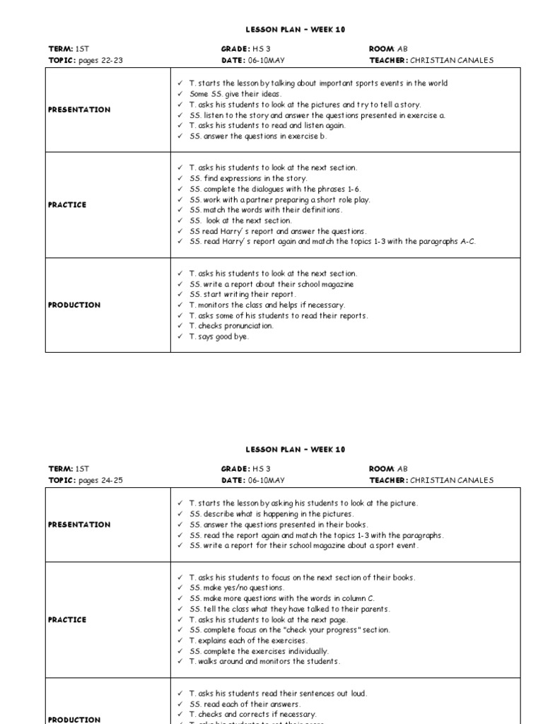 Lesson Plans 10TH Week | PDF | Lesson Plan | Sentence (Linguistics)