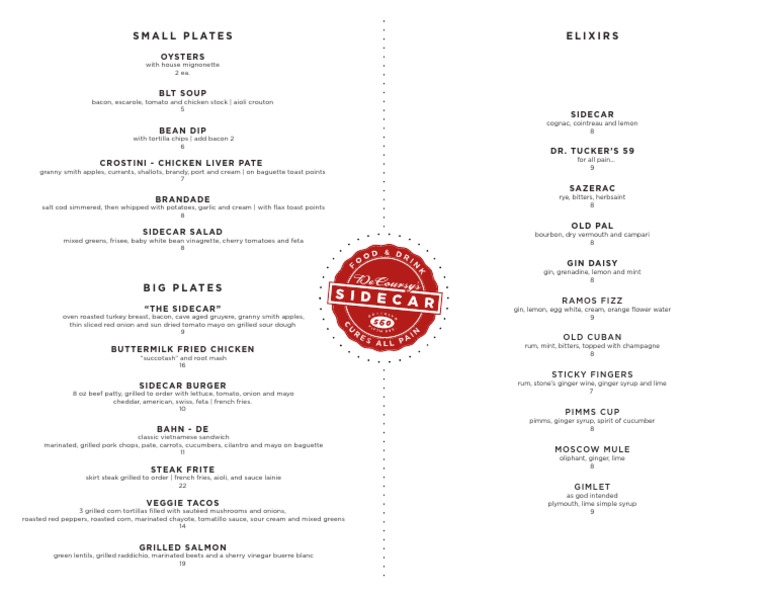 Sidecar Menu PDF Bacon French Fries