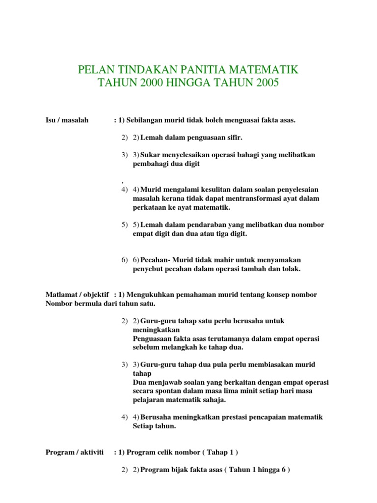 Pelan Tindakan Panitia Matematik Pdf