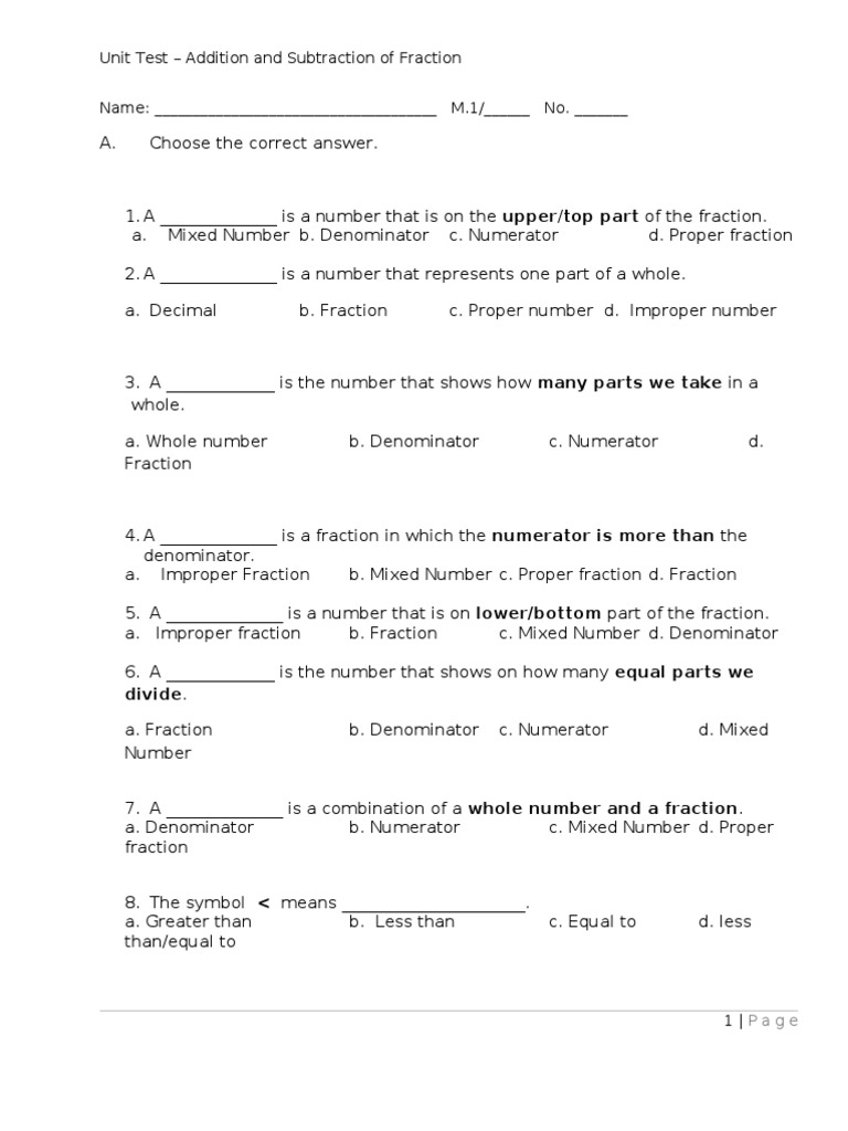 Unit Test on Fraction Operations | PDF | Fraction (Mathematics ...