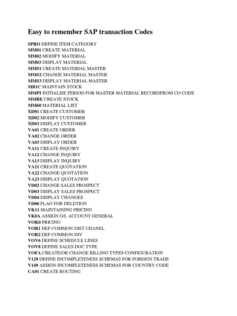 Easy To Remember SAP Transaction Codes | PDF | Invoice | Business