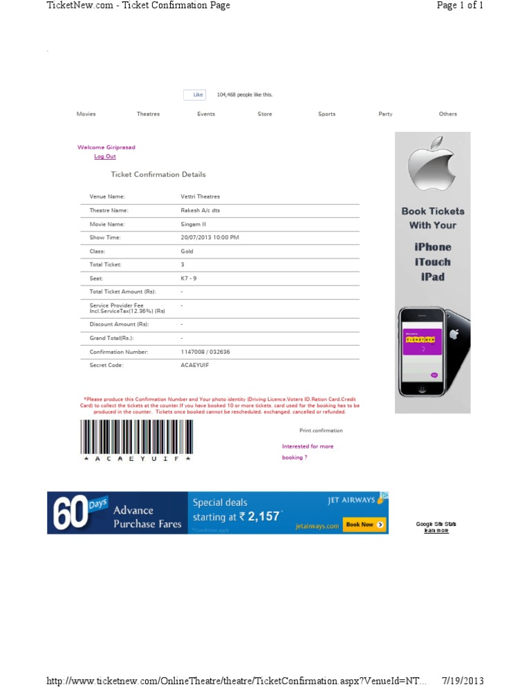 Ticket Confirmation Details: Welcome Giriprasad | PDF | Games & Activities