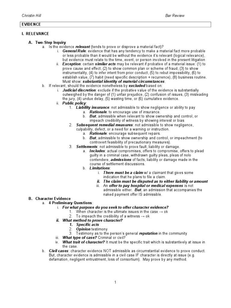 Evidence Outline | PDF | Witness Impeachment | Evidence (Law)