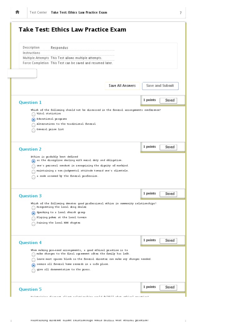 Take Test Ethics Law Practice Exam FUNERAL SERVICE NATIONAL BOARD