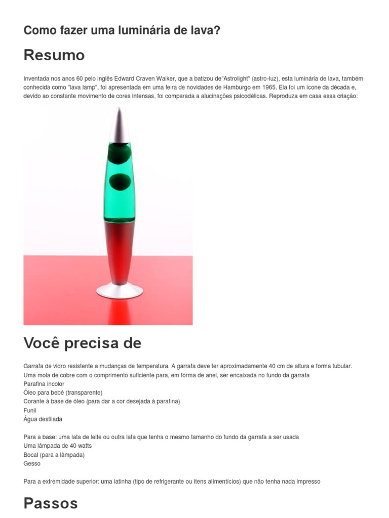 Como Fazer Uma Luminária de Lava | PDF | Lâmpada incandescente | Lava, image size:768x1024