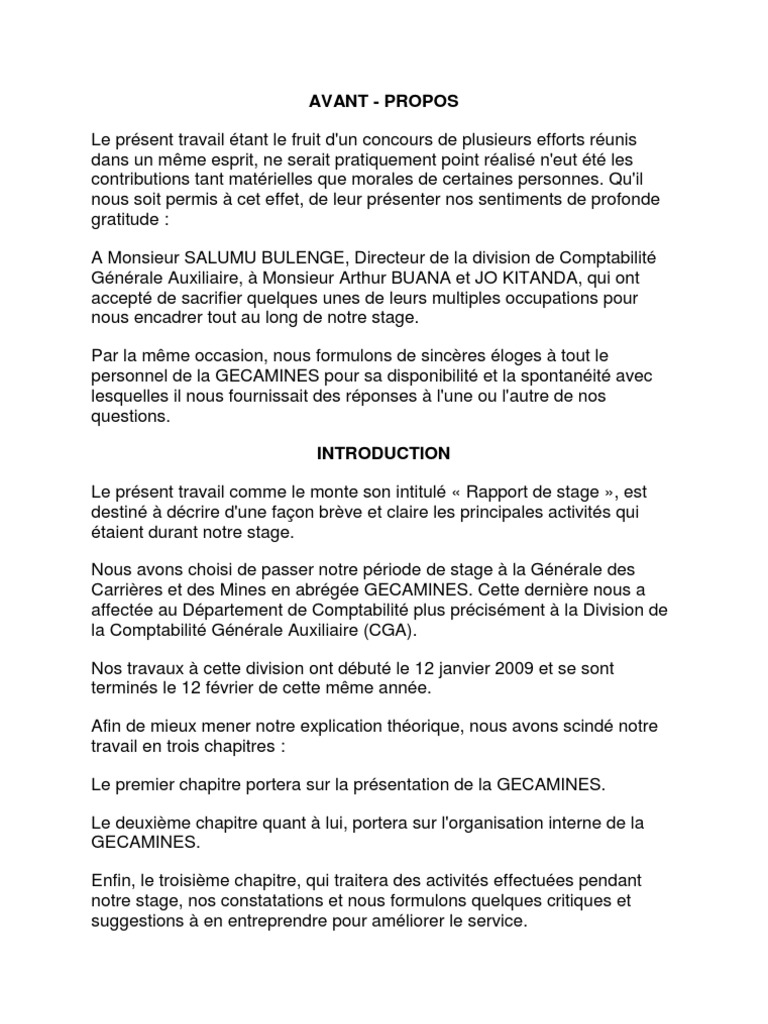 Rapport de Stage Mine  République démocratique du Congo  Exploitation