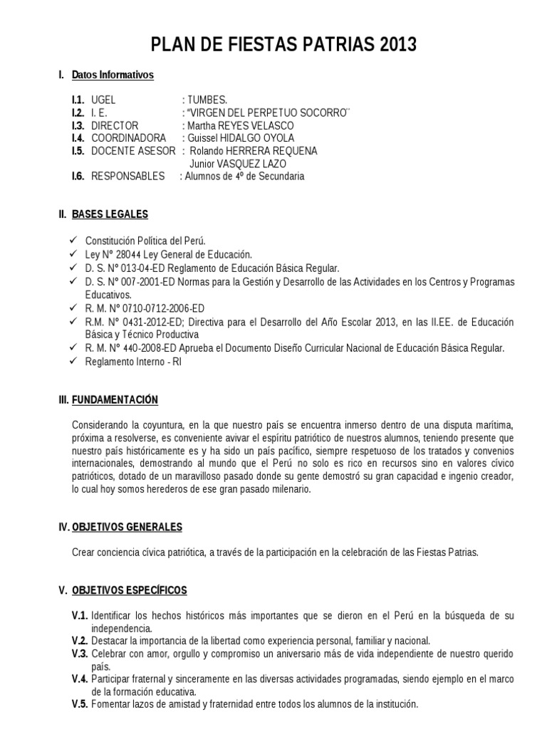 Plan De Fiestas Patrias 2013 Modificado Pdf Perú Educación Primaria