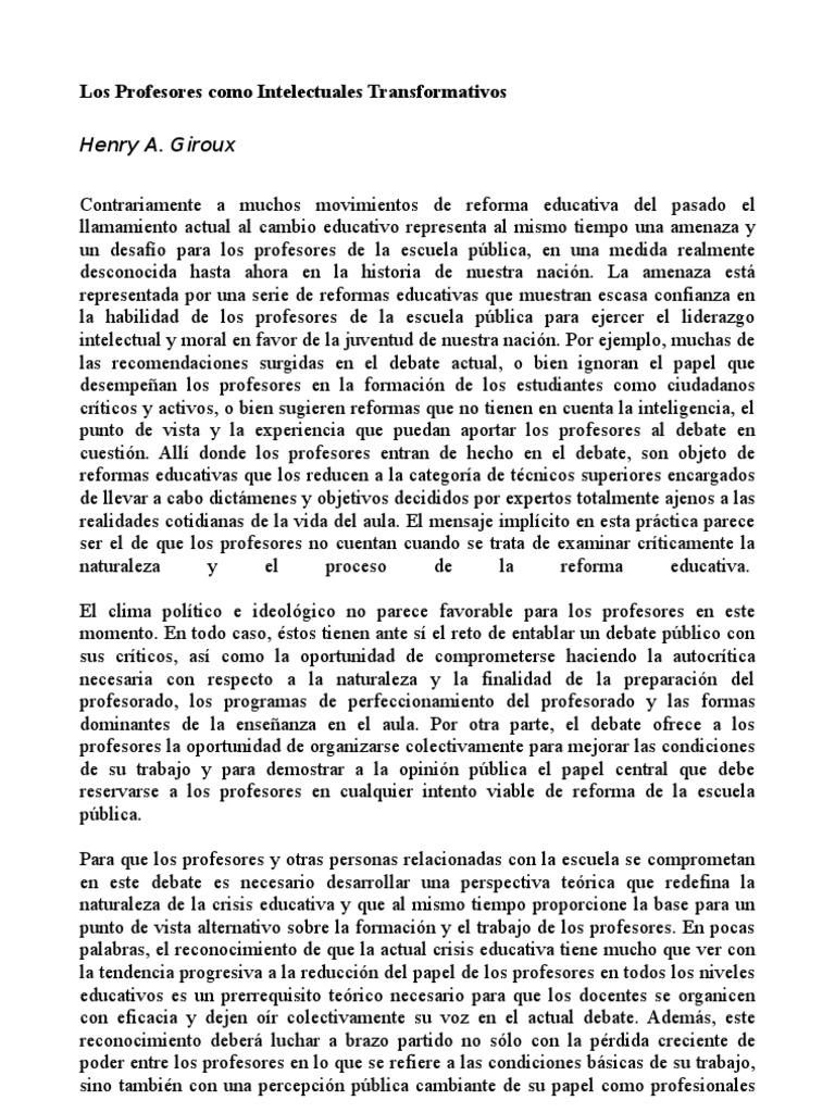 Henry A. Giroux Los Profesores Como Intelectuales Transformativos Maestros Intelectual