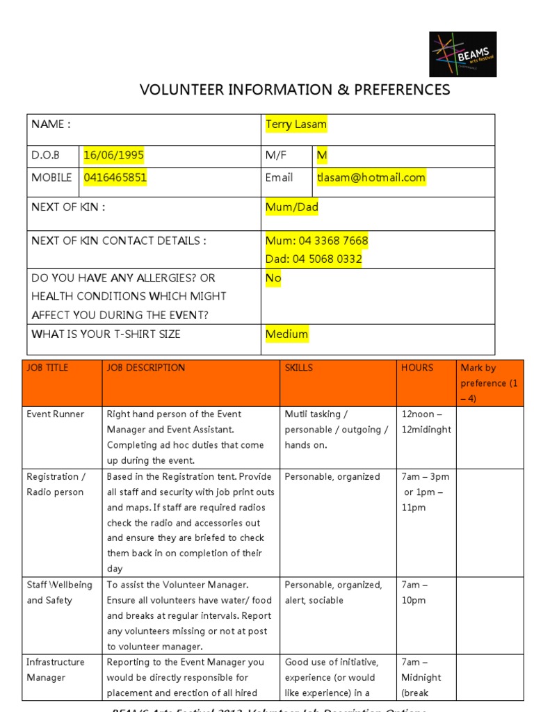 Volunteer Roles at BEAMS 2013 | PDF | Business
