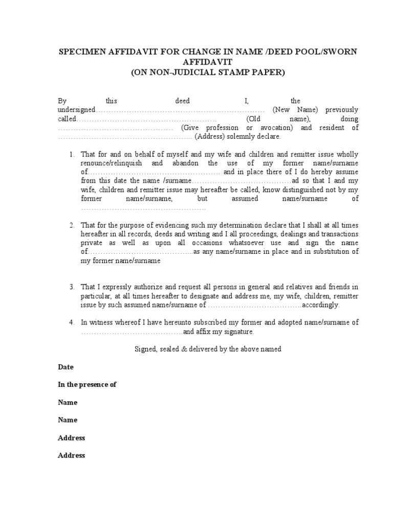 Affidavit Change Name PDF Affidavit Marriage