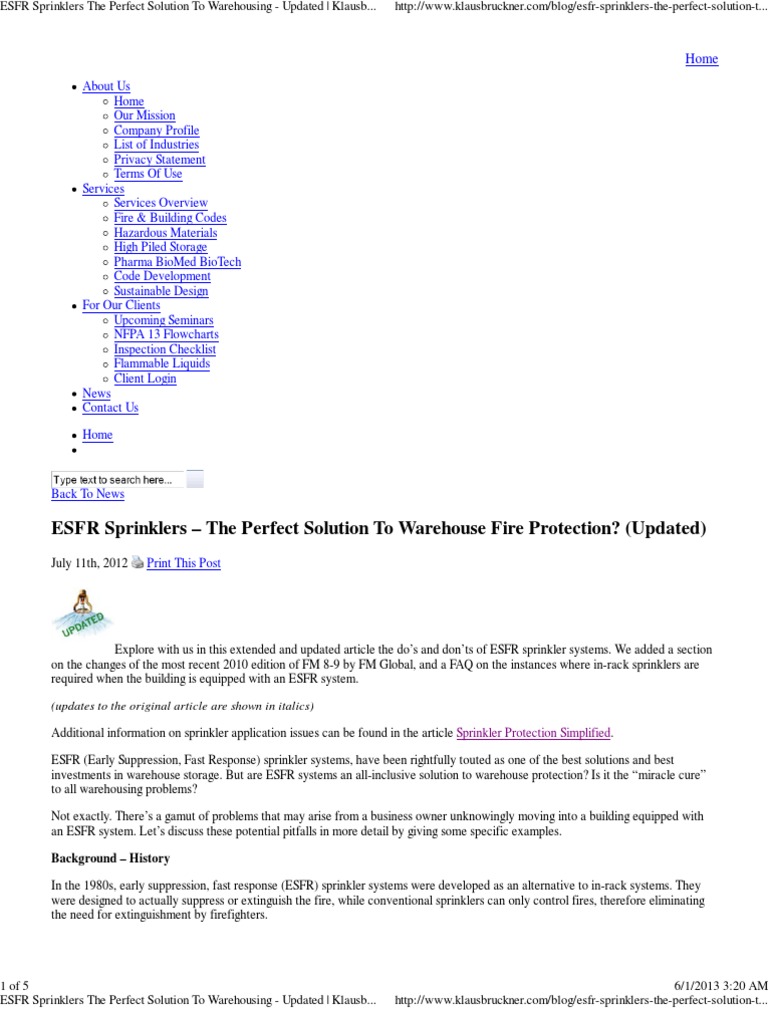 ESFR Sprinklers the Perfect Solution to Warehousing Updated Fire
