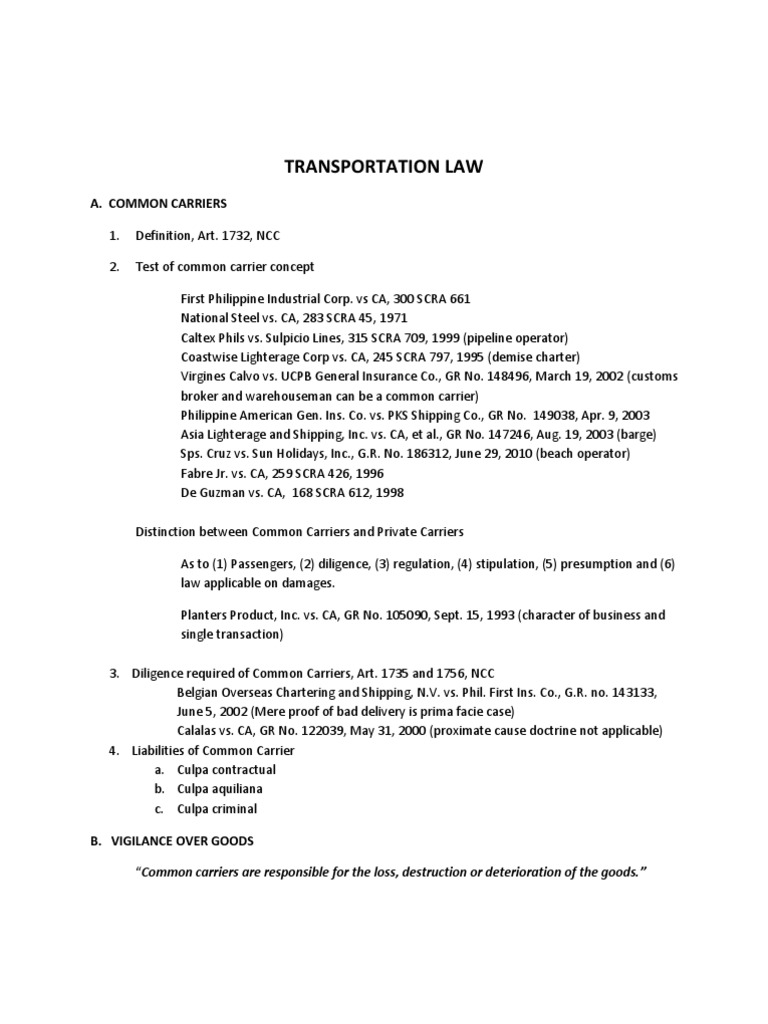 Transportation Law syllabus Bill Of Lading Private Law