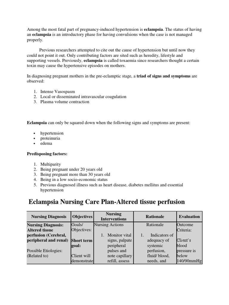 Ncp For Eclampsia Hypertension Medical Specialties
