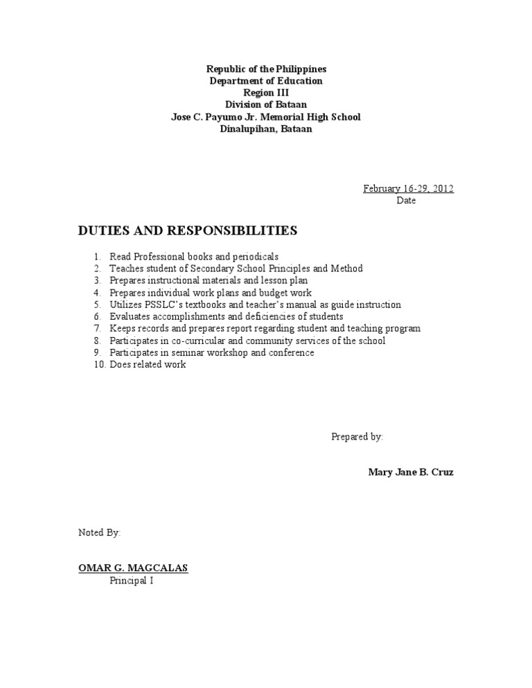 Teacher Duties and Responsibilities | PDF