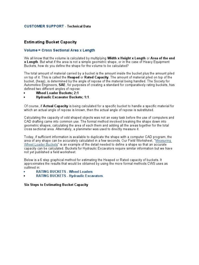 Calculation of Excavator Bucket Size PDF Yard Volume