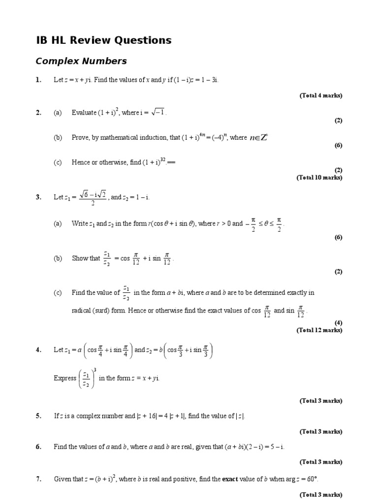 IB HL Complex Numbers Review Questions | PDF | Complex Number ...