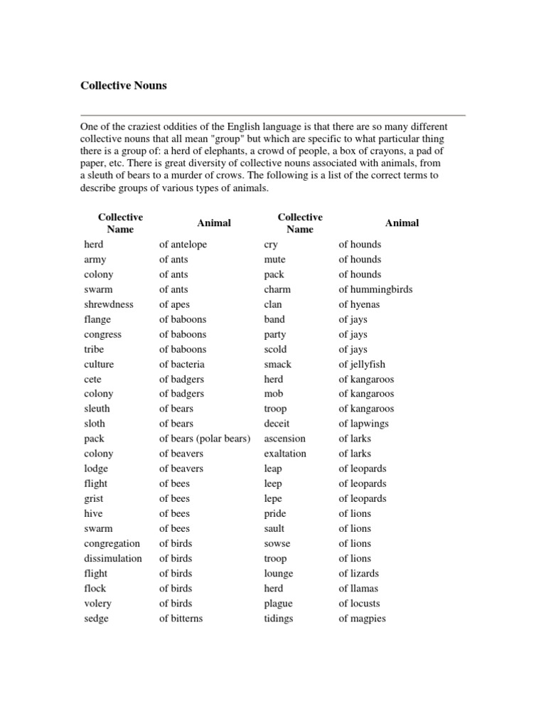 Collective Nouns Collective Name Animal Collective Name Animal PDF Animals And Humans