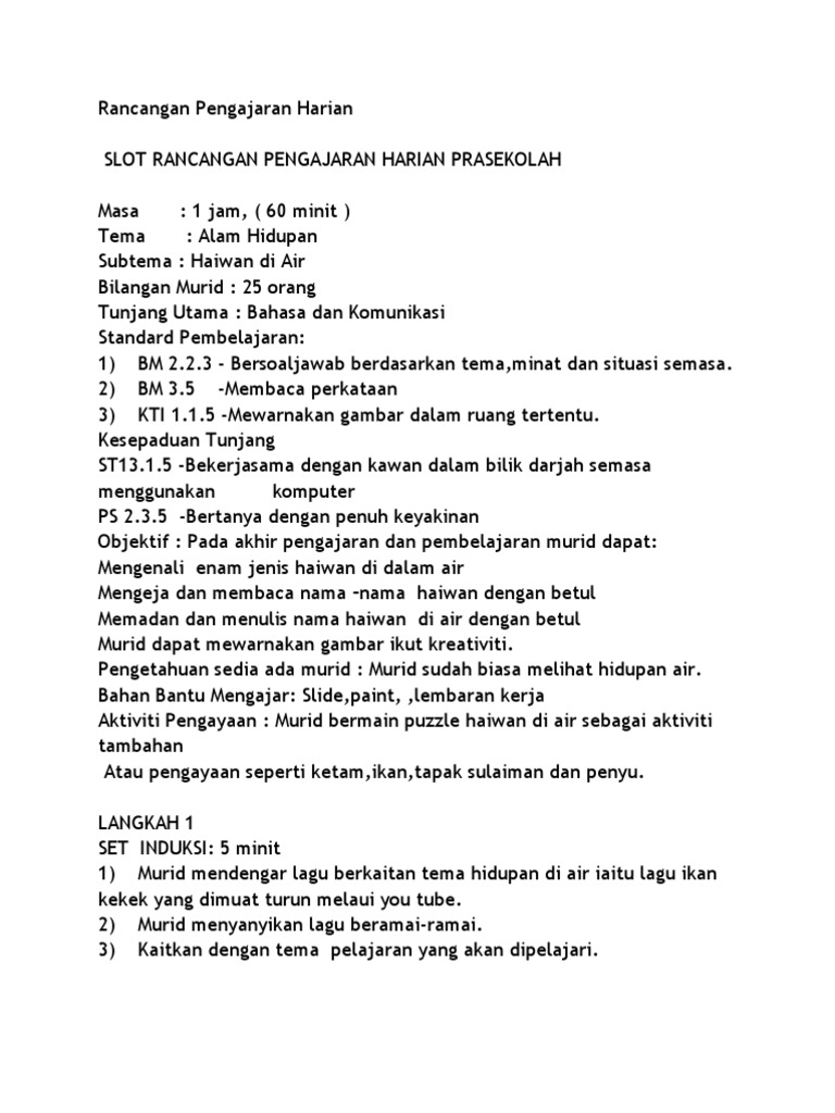 Rancangan Pengajaran Harian Tema Haiwan Di Air