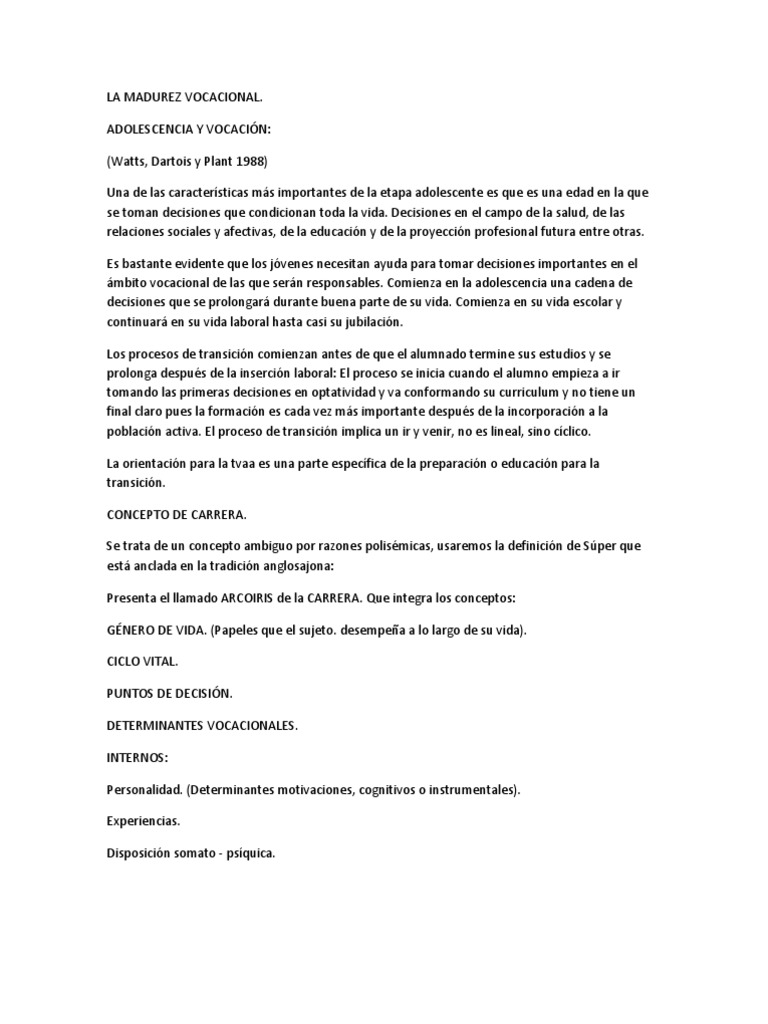 La Madurez Vocacional | PDF | Toma de decisiones | Sicología