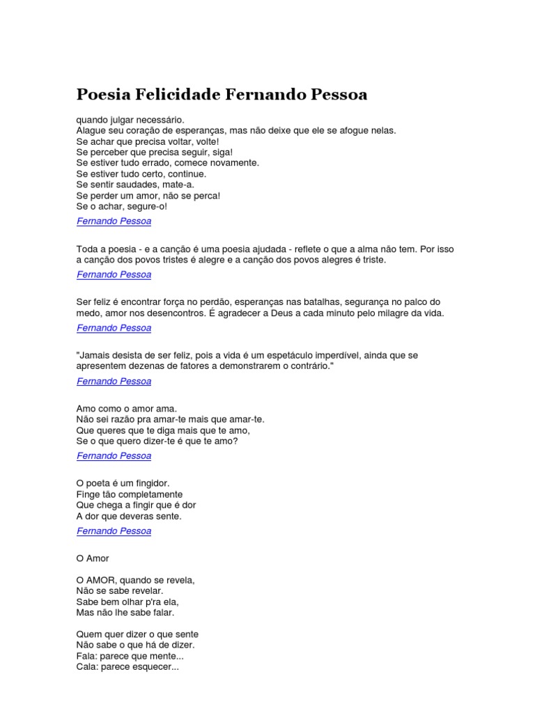 Poesia Felicidade Fernando Pessoa | PDF | Amor | Alma