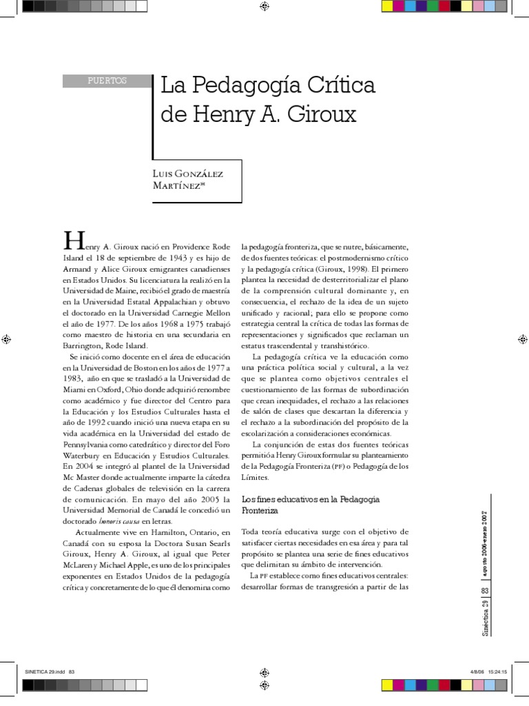 29 La Pedagogia Critica de Henry A Giroux PDF Conocimiento
