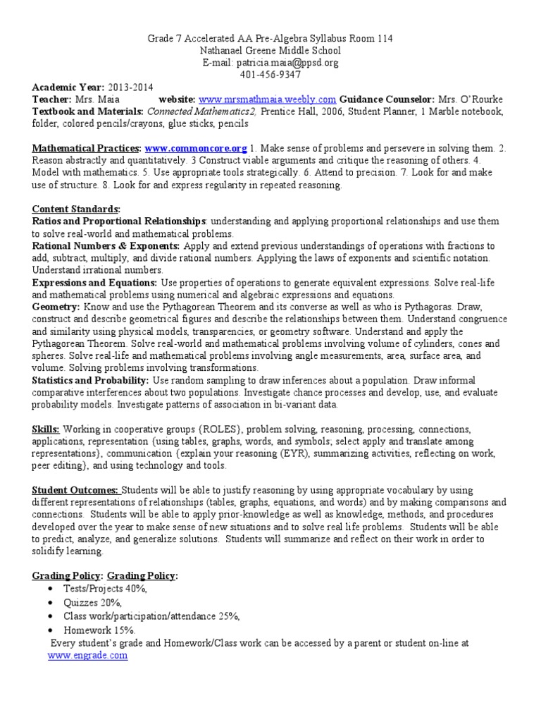 Grade 7 Accelerated AA Pre Algebra Syllabus | PDF | Geometry | Teaching ...