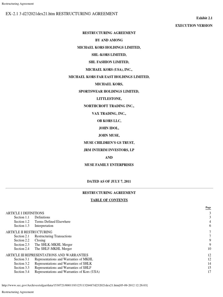 Michael Kors Restructuring Agreement | PDF | Securities (Finance ...