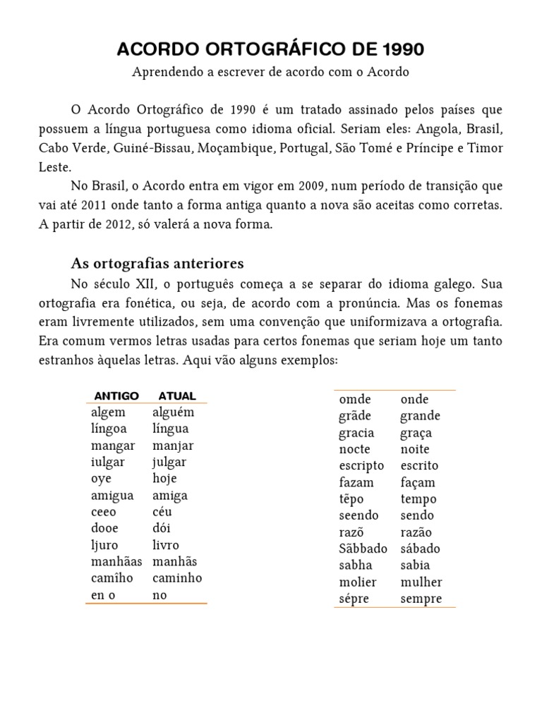 Acordo Ortográfico Da Língua Portuguesa 1990
