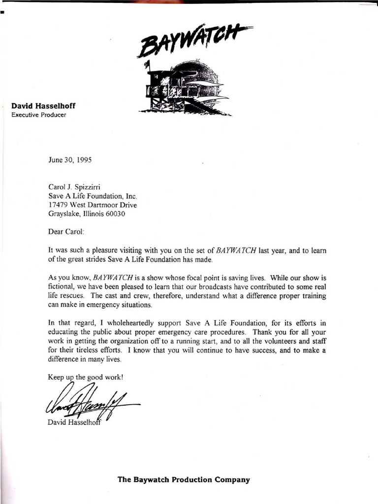 6/30/95 Letter From Actor David Hasselhoff To Save-A-Life Foundation ...